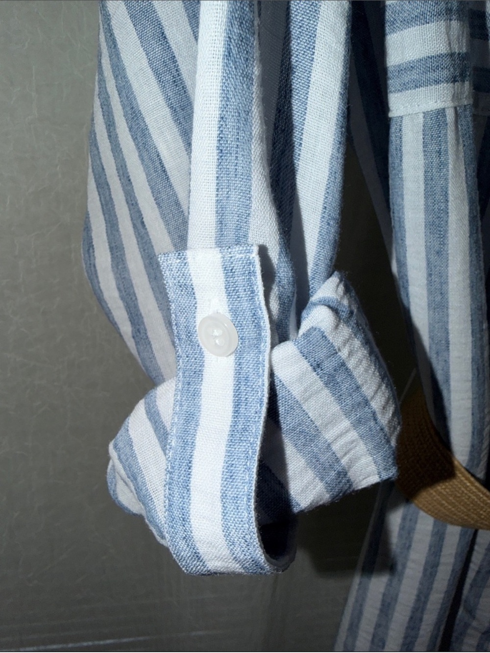 Falling Flower L Blue and White Striped Button-Up Tab Long Sleeve Shirt Dress - Picture 11 of 14